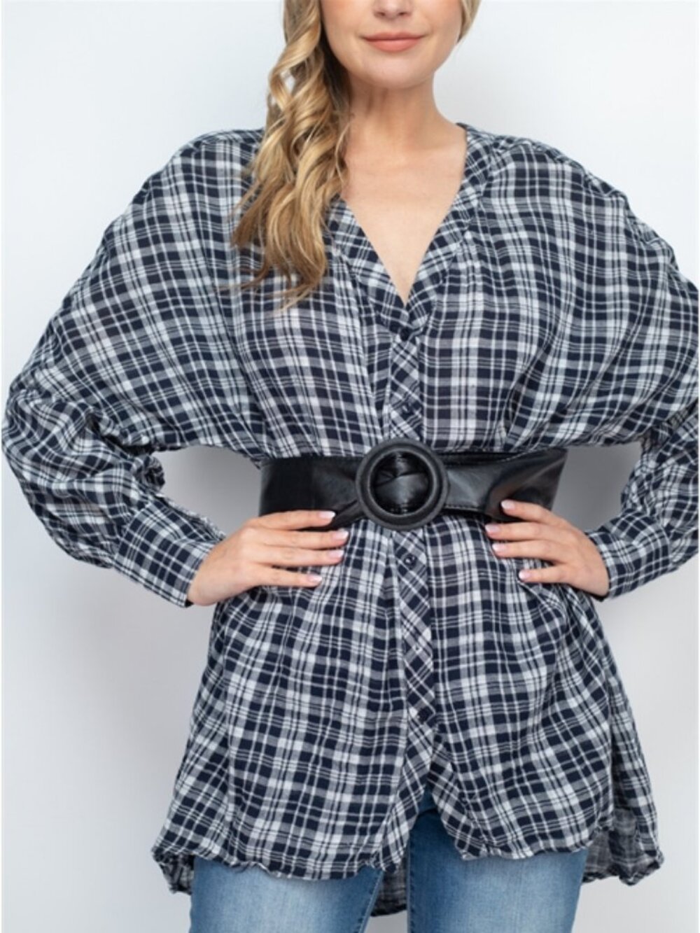 Mono Rello Cotton Plaid Belted Oversized V Neck Shirt Navy Blue